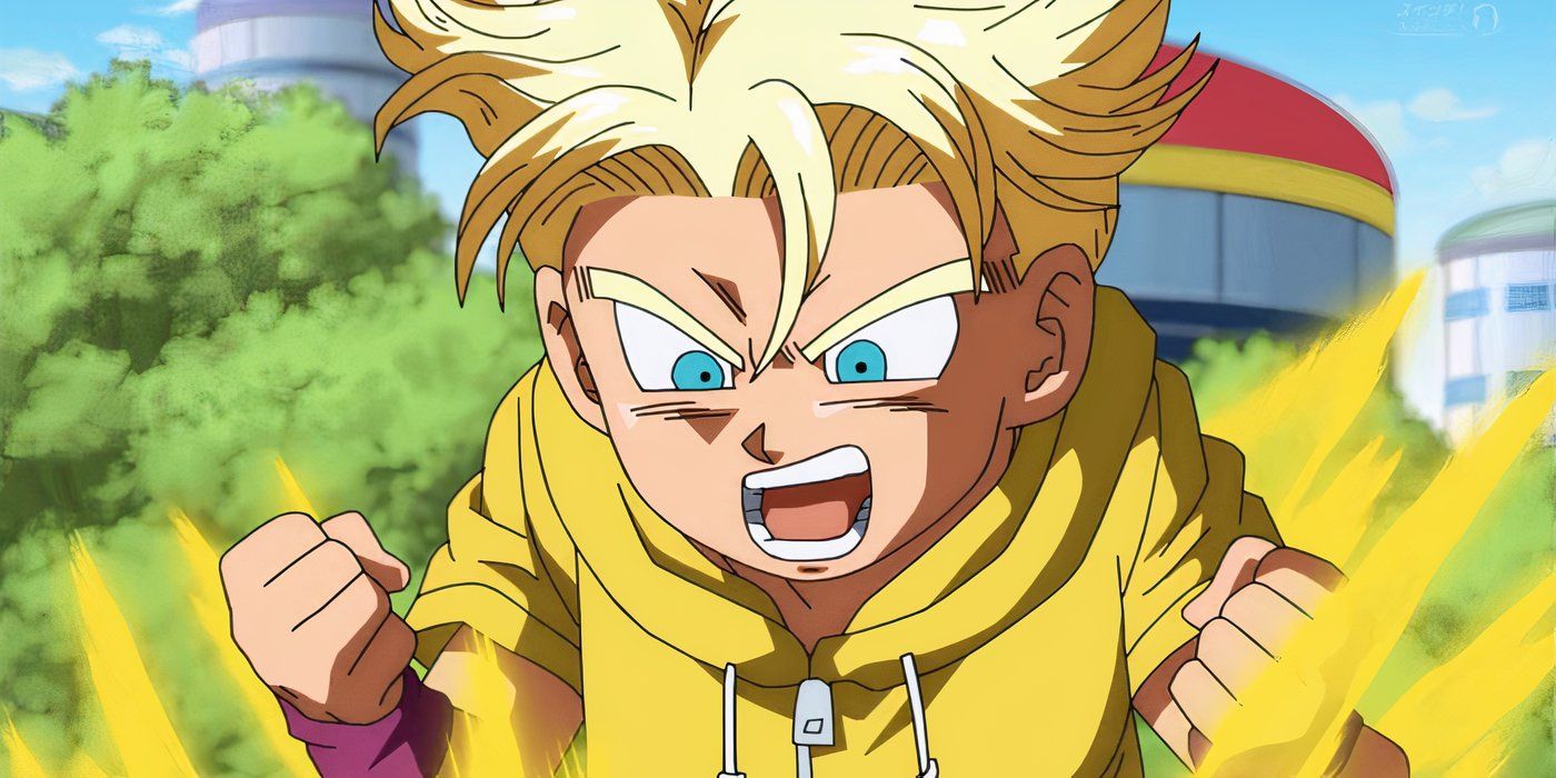 Trunks usa um moletom amarelo e se transforma em um Super Saiyajin