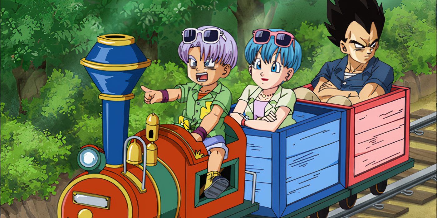 Trunks Vegeta e Bulma andando de trem juntos