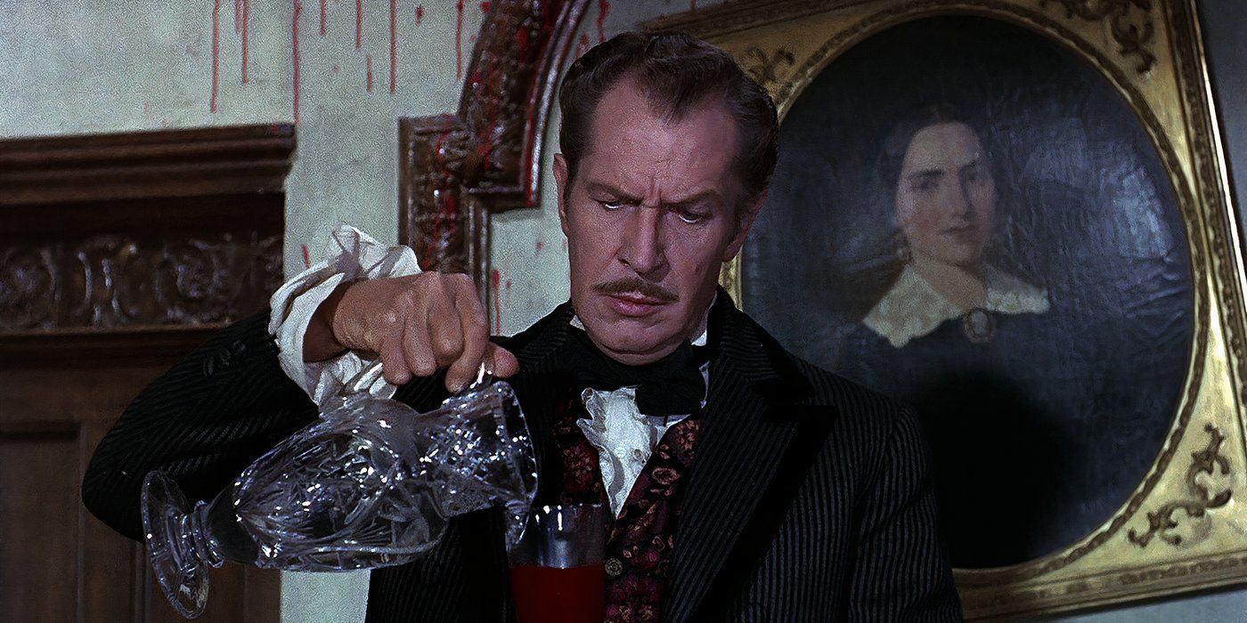 Twice-Told Tales - Vincent Price in a suit pouring a glass of wine with blood stained walls in background