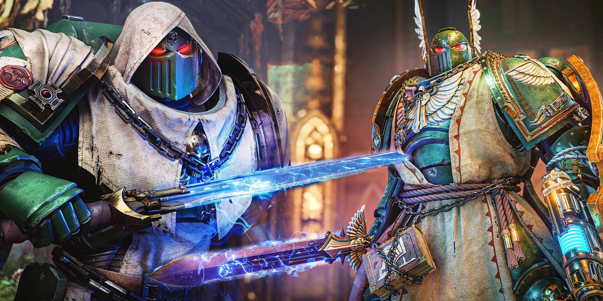 Two player characters wearing Dark Angels cosmetics and holding glowing blue swords in Warhammer 40K Space Marine 2.