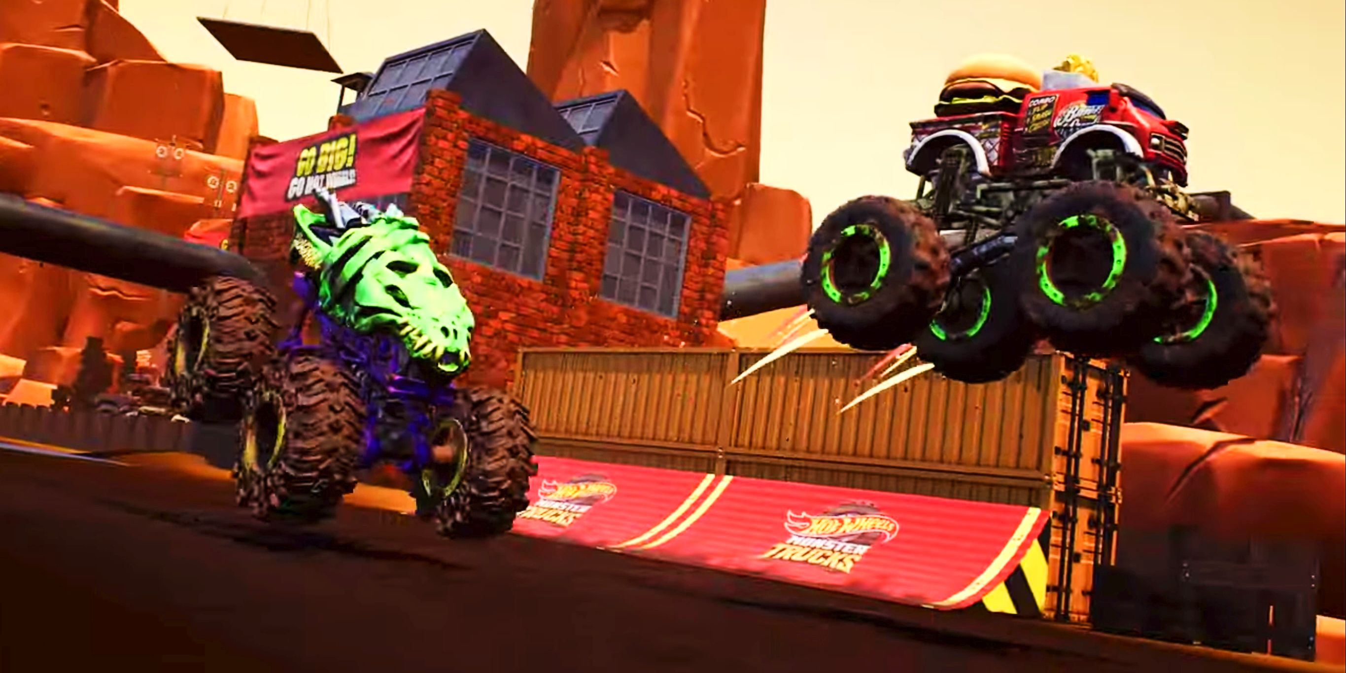 Dois caminhões na pista em Hot Wheels Monster Trucks Stunt Mayhem.