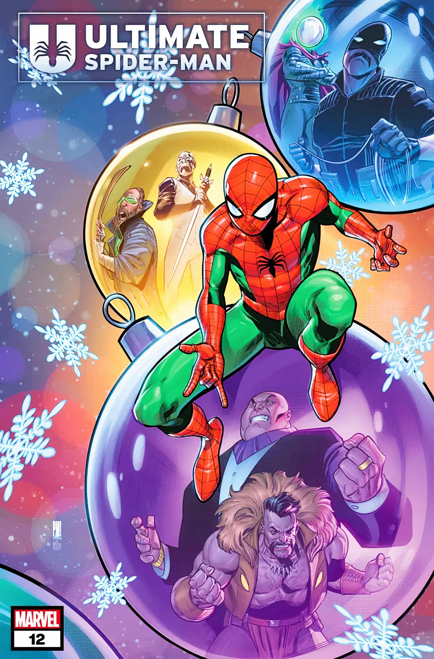 Portada de Ultimate Spider-Man #12, Spidey rojo y verde con villanos con adornos navideños.