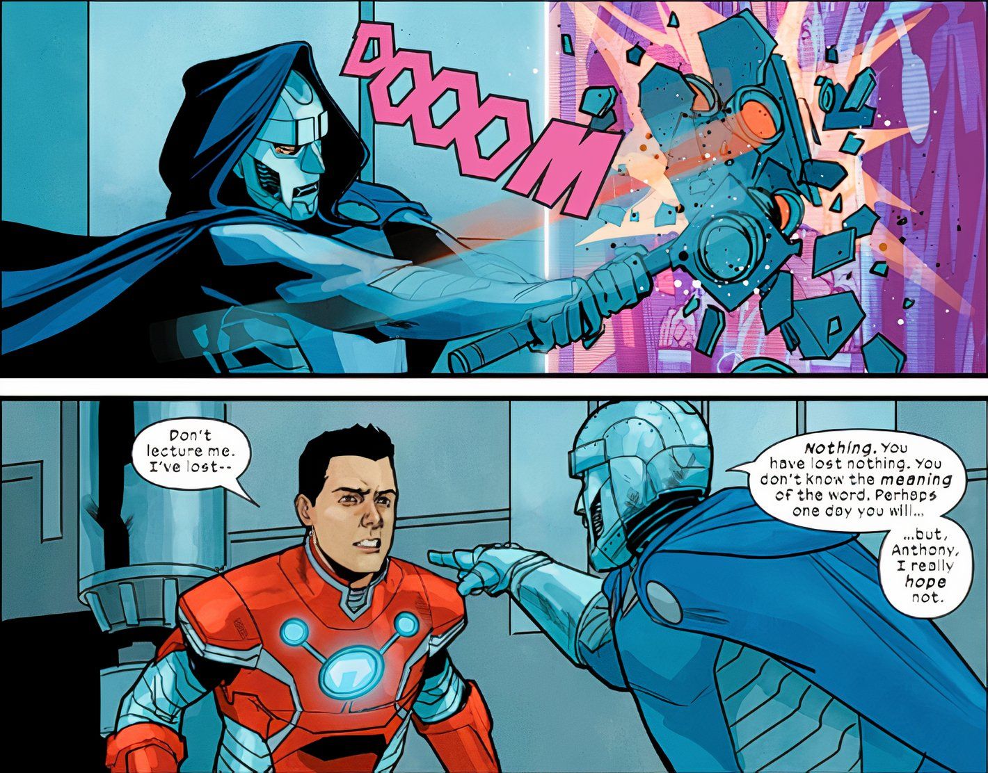 ULTIMATES #4, Reed Richards quebra uma imagem do Maker com um martelo, o que faz um som DOOM