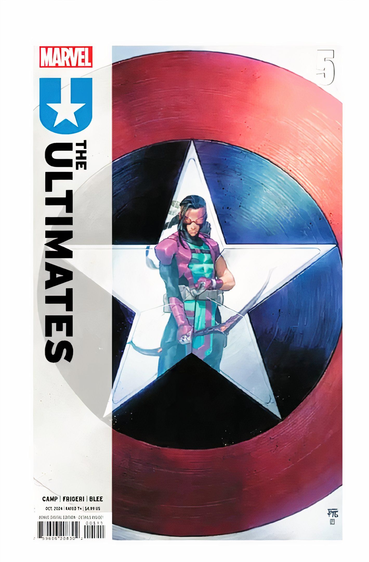 Capa do Ultimates #5, o novo Ultimate Hawkeye refletido no escudo do Capitão América