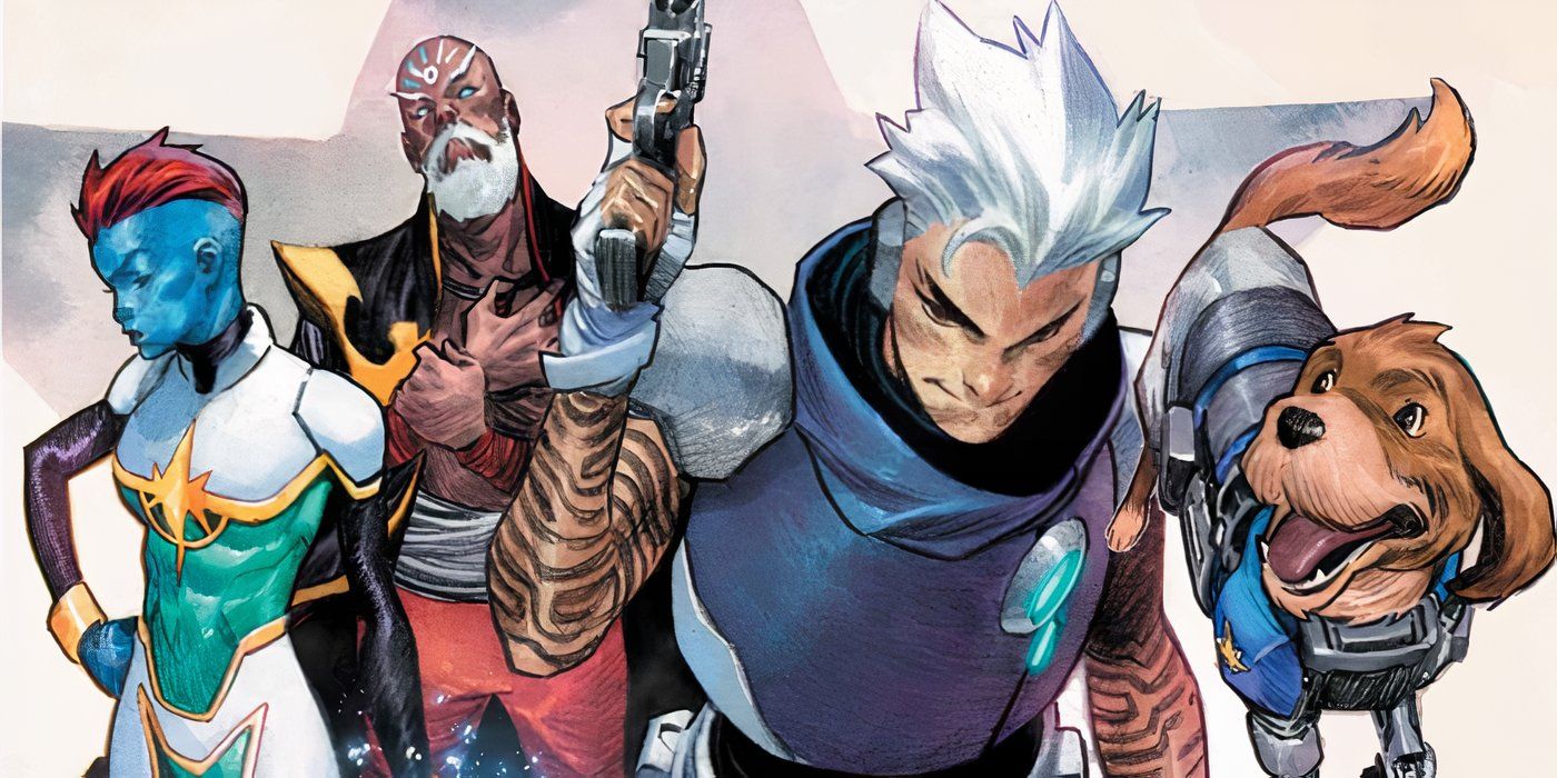 Comic book art: the Ultimate Guardians of the Galaxy stride forward as a group.