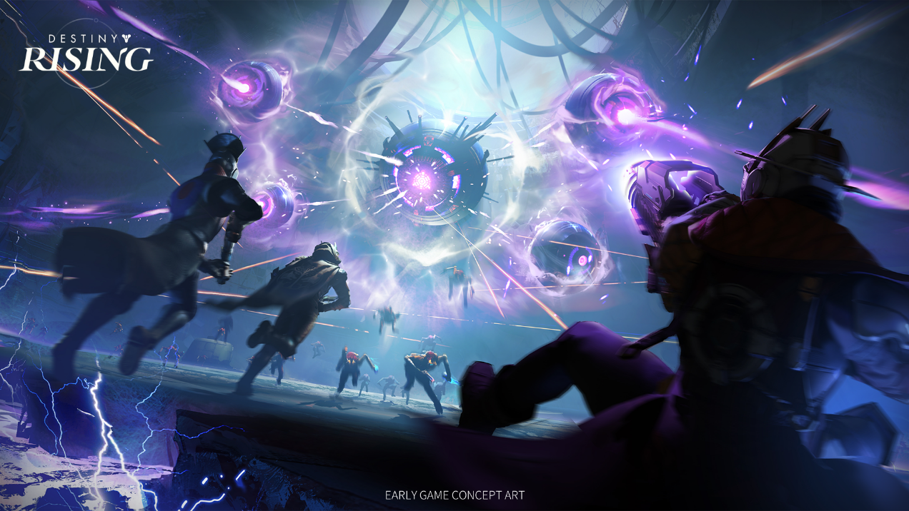 Several characters fighting large floating orbs in Destiny: Rising.