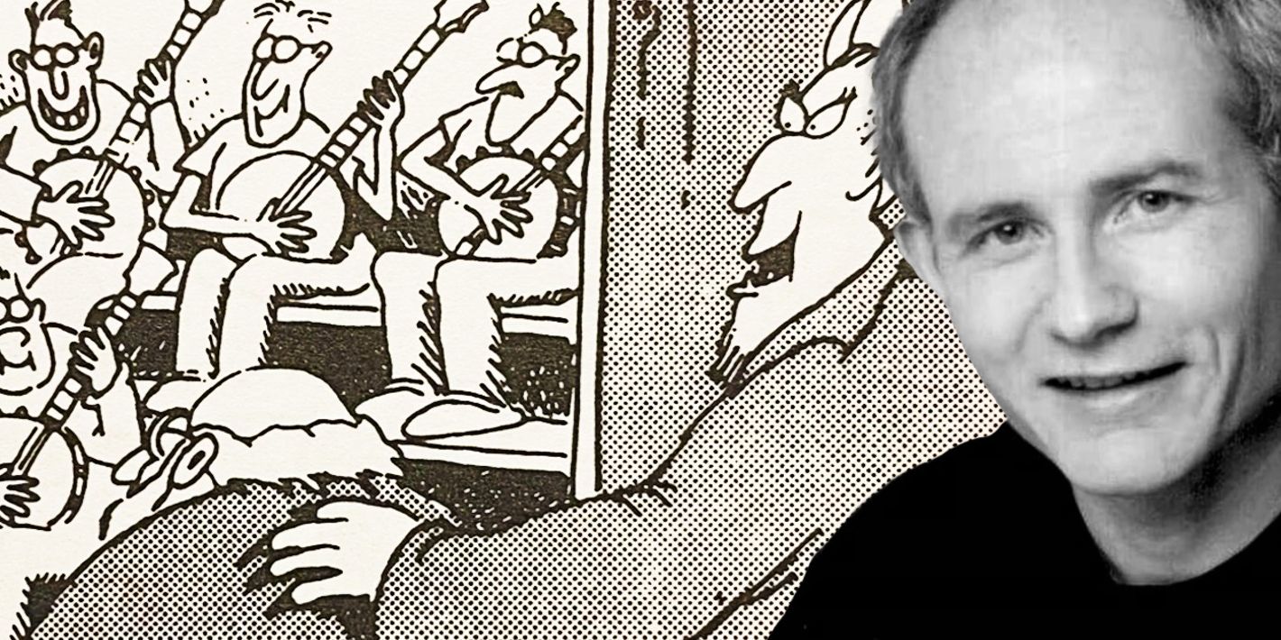 En el otro lado, el Diablo señala a un hombre hacia una habitación llena de músicos de banjo (izquierda, fondo) y Gary Larson (derecha, primer plano).