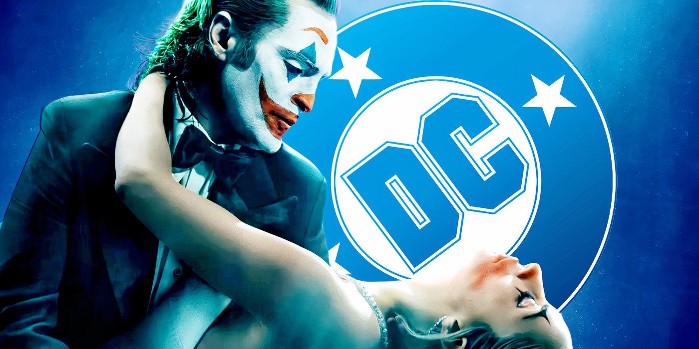 Joker and Harley in front of the DC logo