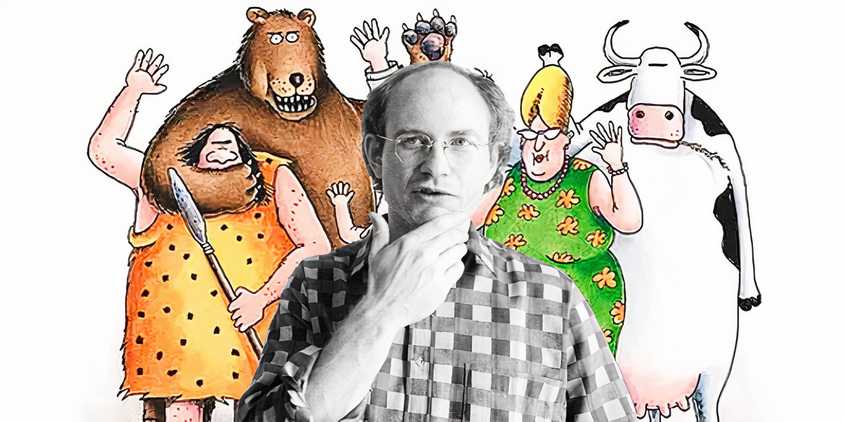 Gary Larson (black and white, foreground) with the Far Side cast in color behind him