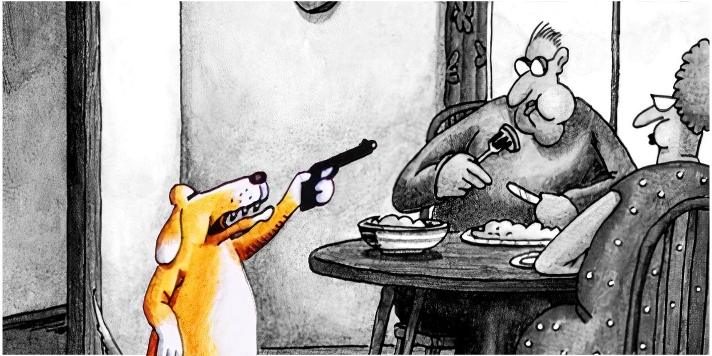 The Far Side, a dog (color) points a gun at its owners (black and white) as they eat dinner.