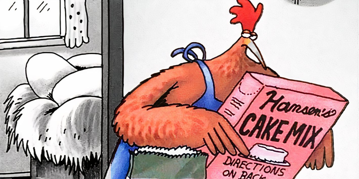 Far Side, a chicken (color) baking a cake, side-eyes her eggs (black and white.)