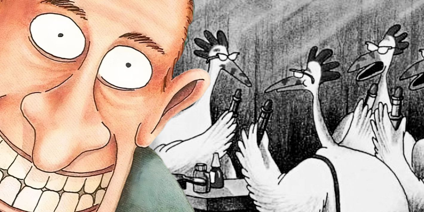Far Side, wide-eyed wide-grinned man (color, foreground) with chickens applying make up (black &amp; white, background.)