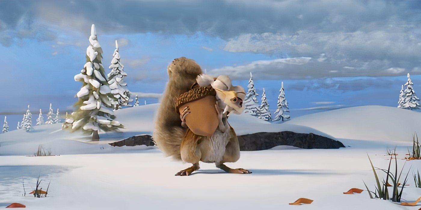 Scrat felizmente tiene un árbol amarillo en el corto de Ice Age The End YouTube.