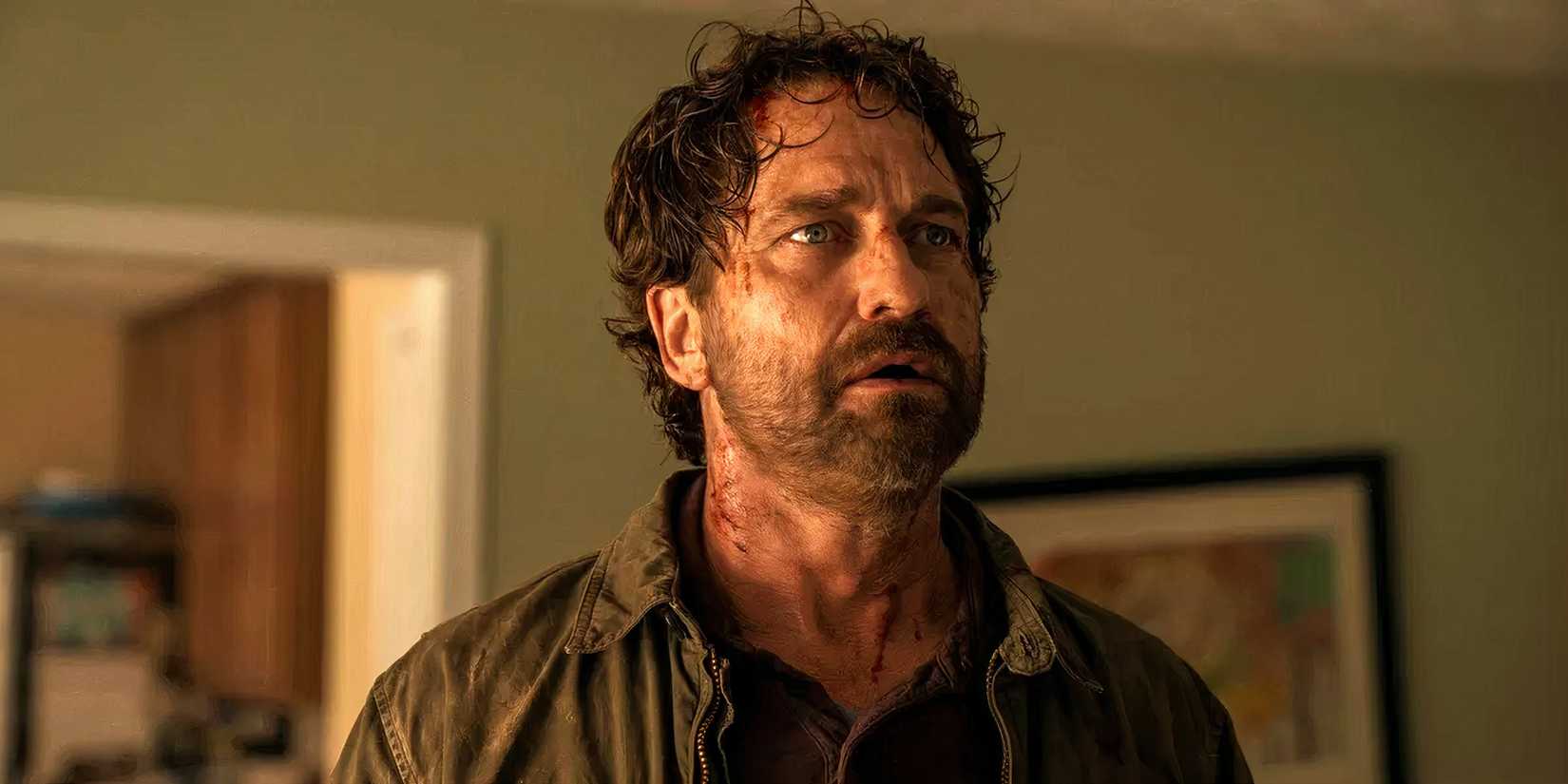 Gerard Butler in Greenland looking dirty and bloody