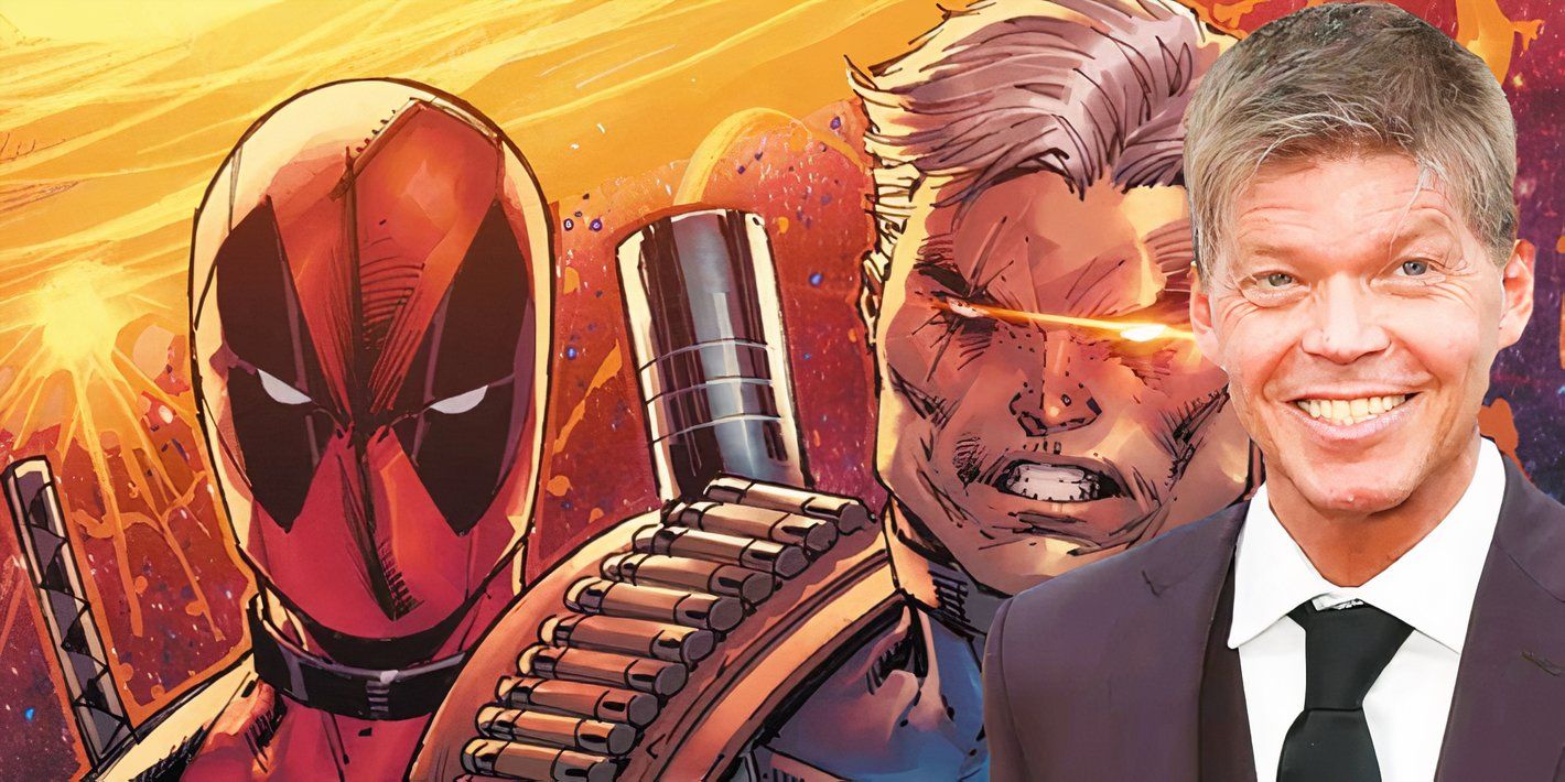 Deadpool and Cable (left, background) and their creator Rob Liefeld (foreground)