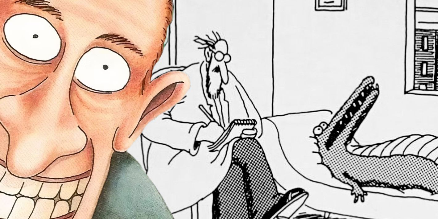 Far Side, wide-eyed and wide-smiled man (foreground, color) a therapist and a crocodile patient (background.)