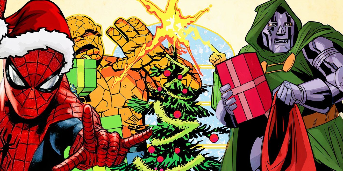 Spider-Man con gorro de Papá Noel y Doctor Doom sosteniendo un regalo (al frente) con objetos y un árbol de Navidad al fondo.