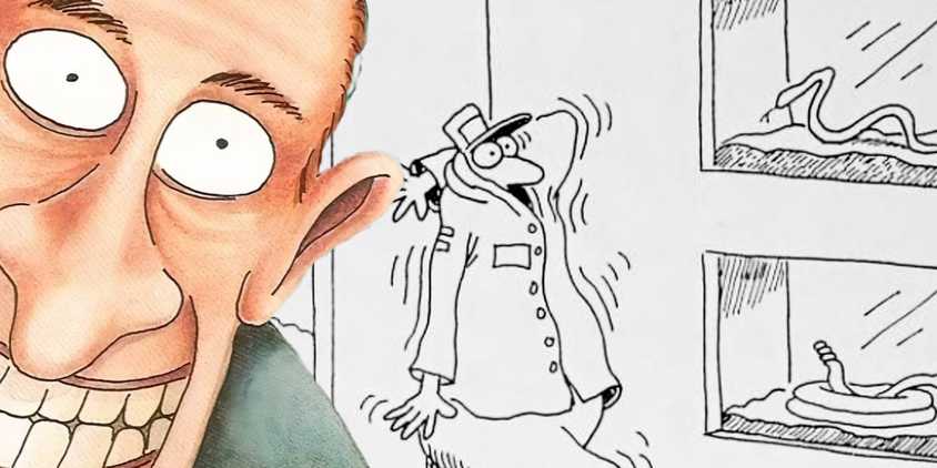 Far Side wide-eyed man (color, foreground) and a man terrified of snakes (right, background.)
