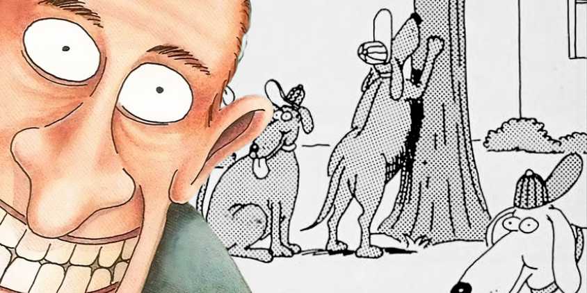 Far Side wide-eyed man (foreground, color); dogs in baseball caps (right, background.)