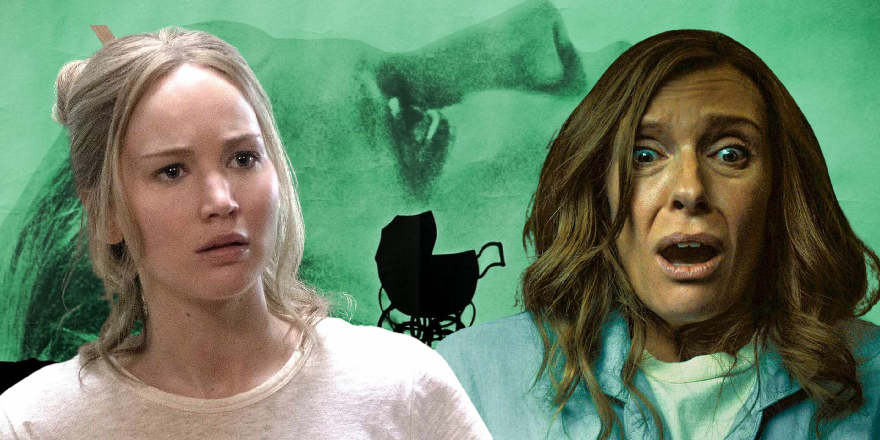 Jennifer Lawrence in Mother! wearing a white t-shirt staring to the side, Toni Collette in Hereditary staring down in horror and behind is Mia Farrow's head horizontal above a hill with a silhouette of a pram from Rosemary's Baby