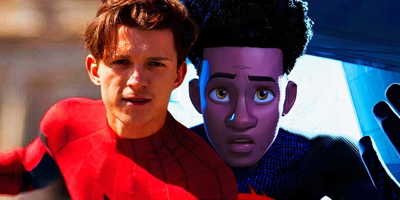 صورة مقسمة لبيتر باركر في فيلم Spider-Man homecoming ومعنويات مايلز في فيلم Into the Spider-Verse تبدو جادة