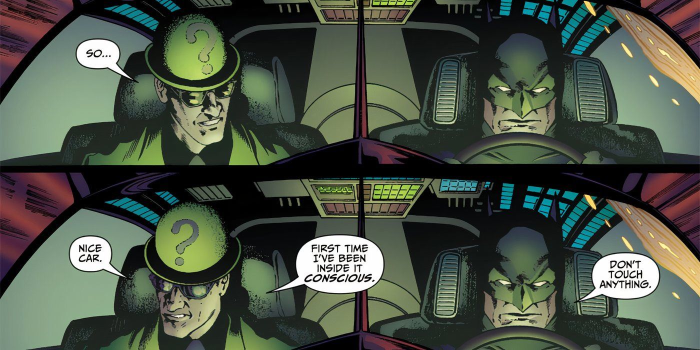 Comic book panels: The Riddler Rides in the Batmobile with Batman.