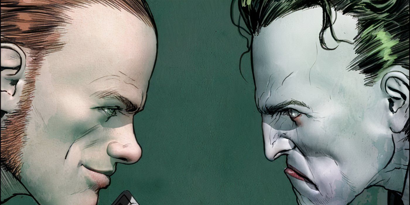 Comic book art: the Riddler faces the Joker in the War of Jokes and Riddles.