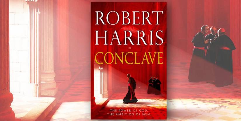 An official banner containing the cover of Robert Harris's novel Conclave