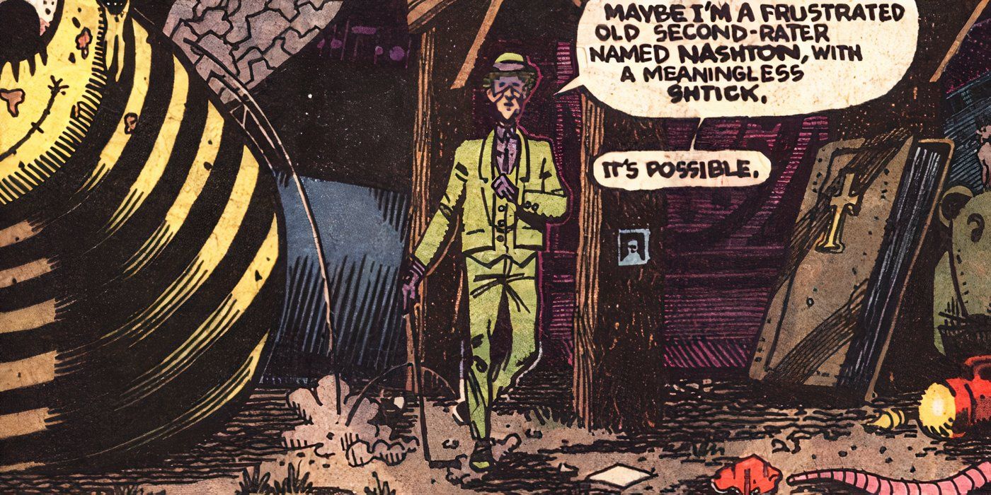 Comic book panel: The Riddler Toys with Batman in Secret Origins #1.