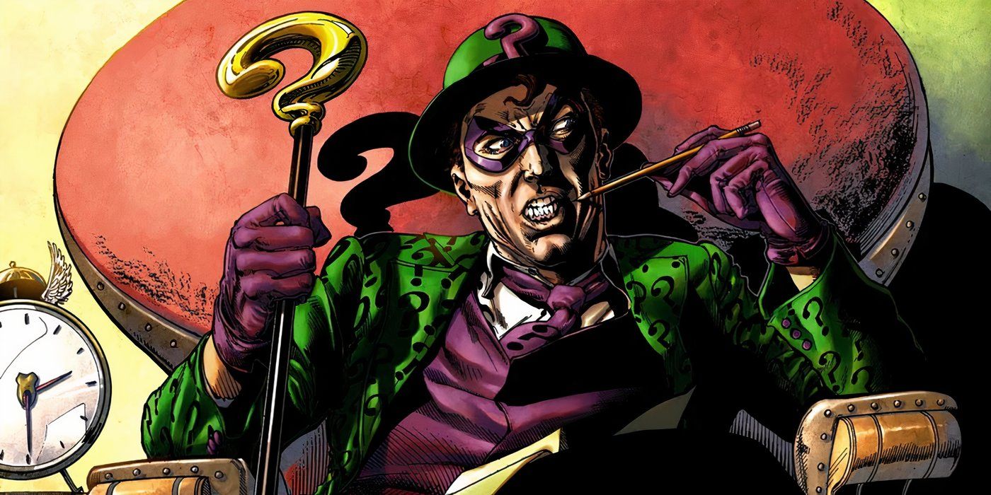 Comic book art: The Riddler sits on a throne with his cane.