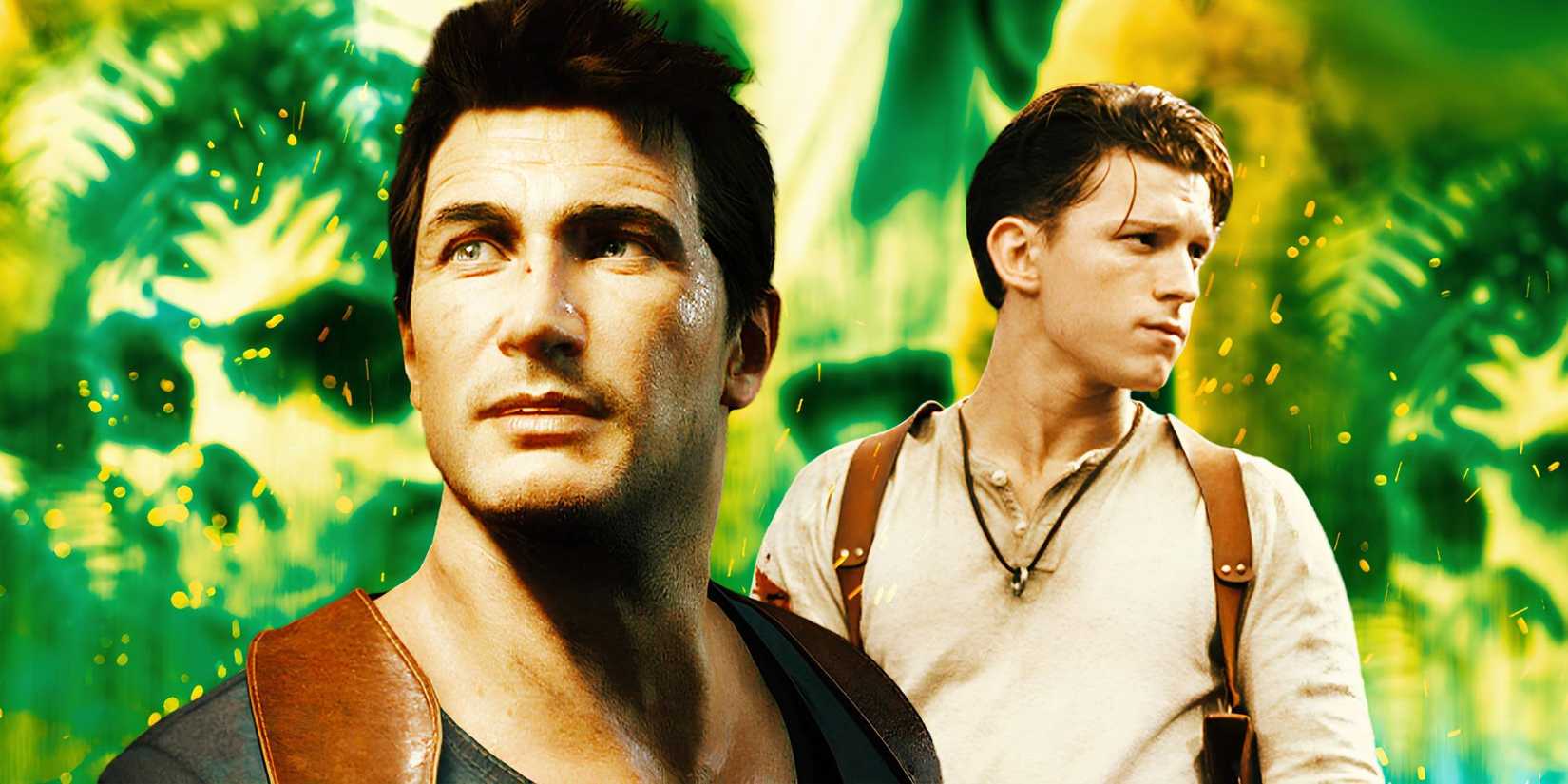 Custom image of Tom Holland's Nathan Drake from the Uncharted movie and the original version of Drake from the Uncharted Games