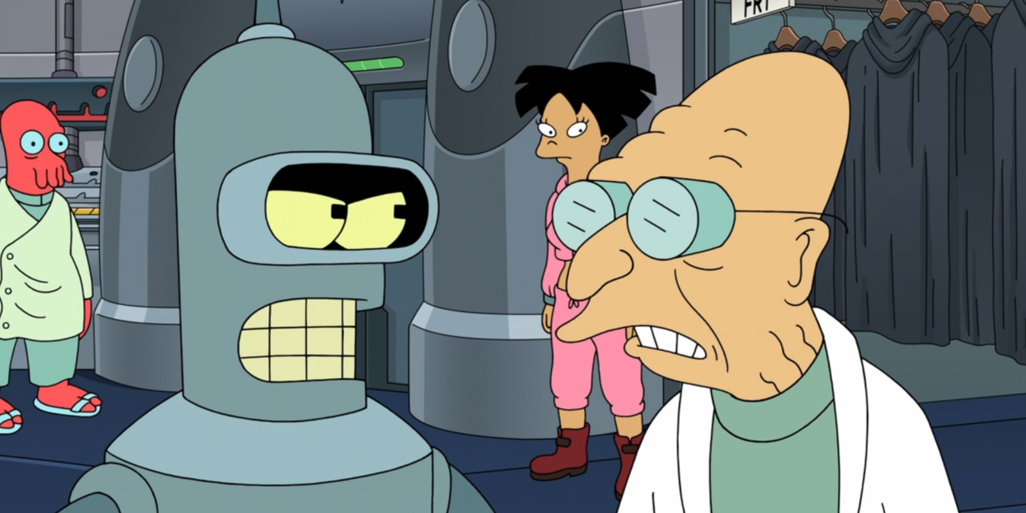 Bender looking angry at Professor Farnsworth in Futurama as Zoidberg and Amy watch from the background