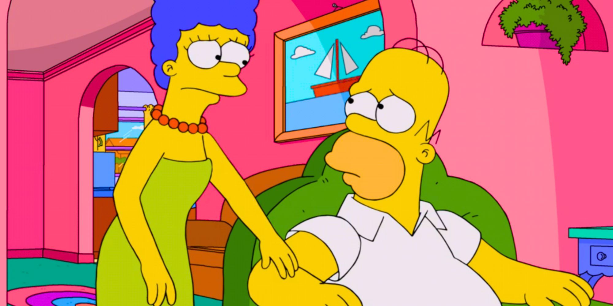 Marge with her hand sadly on Homer&rsquo;s arm in The Simpsons