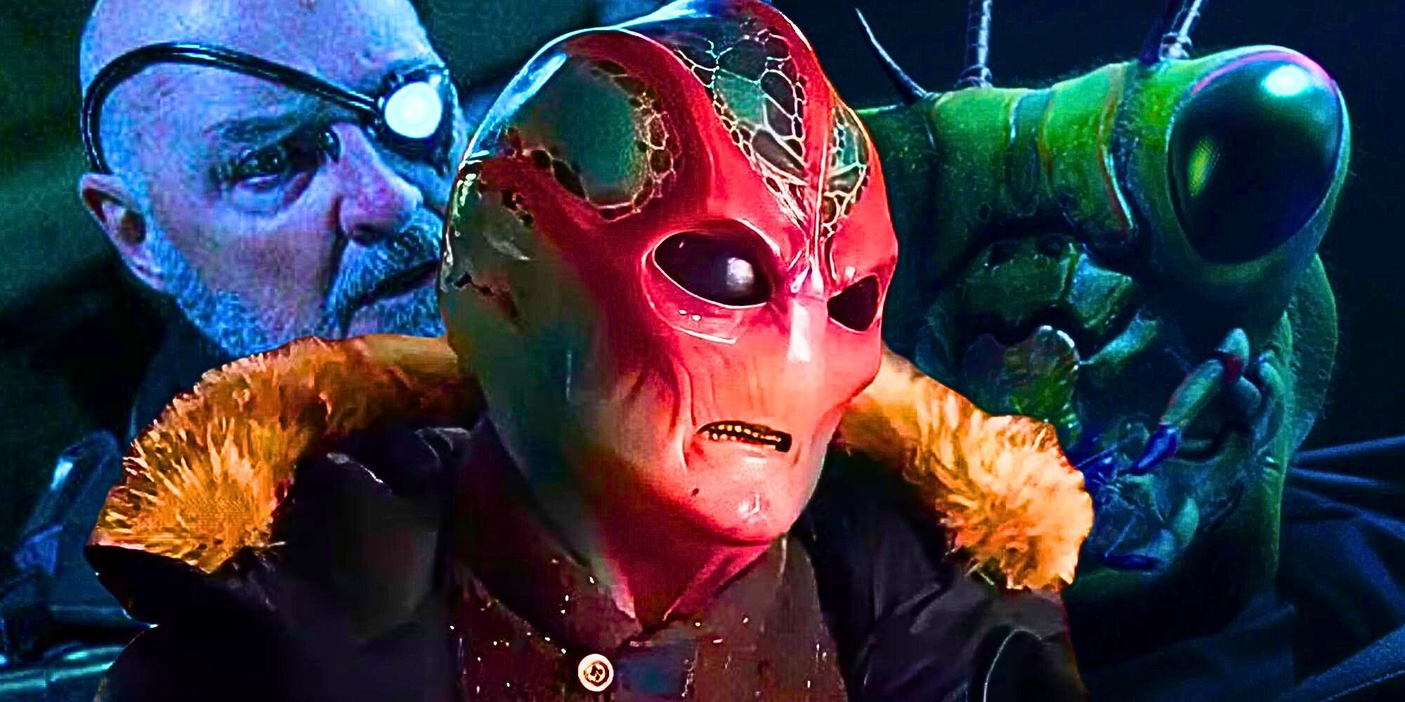 Custom Resident Alien image of Terry O&rsquo;Quinn as Peter Bach, Alan Tudyk as Harry Vanderspeigle, and the Mantid