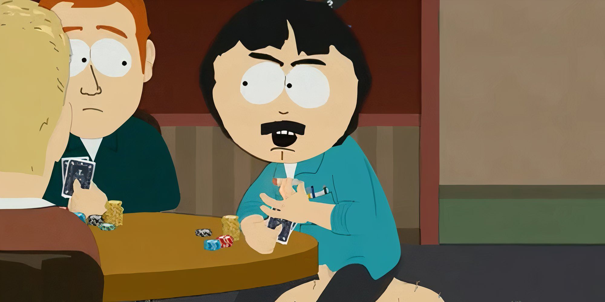 Randy Marsh fuma un cigarrillo sentado sobre sus grandes pelotas y enfurruñado en South Park