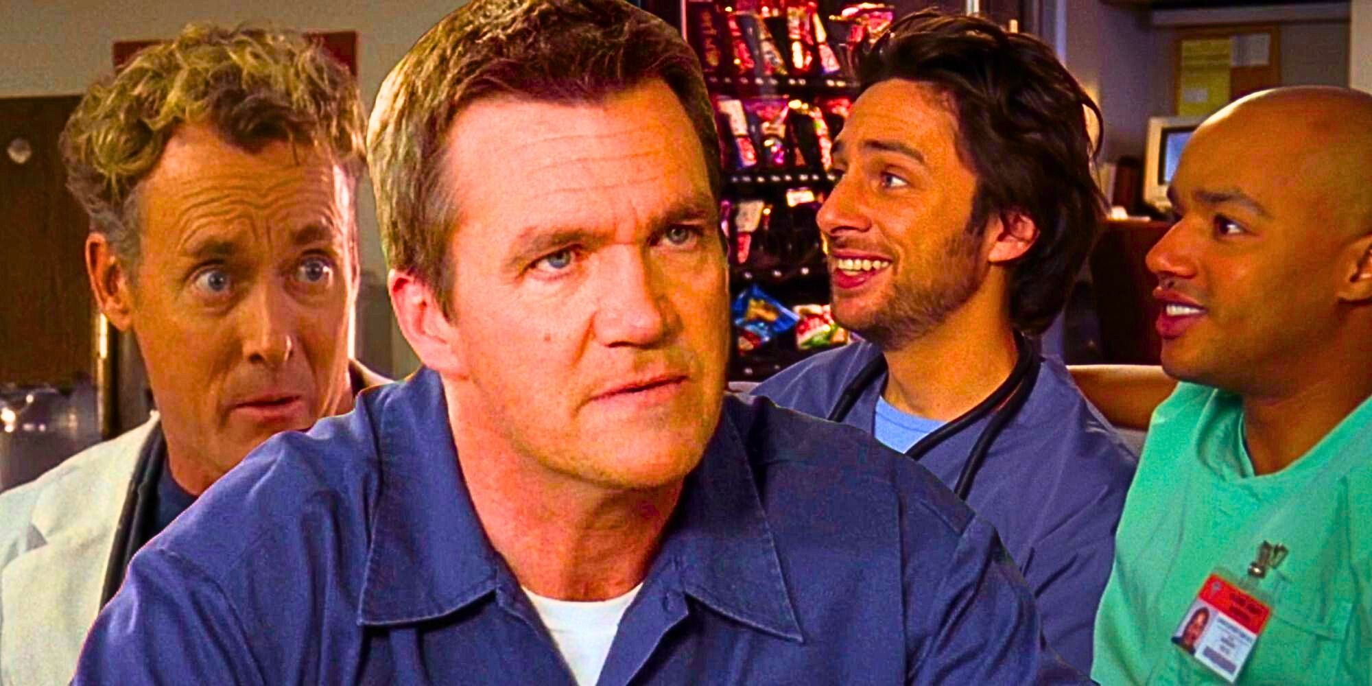 Custom Scrubs image of John C. McGinley as Dr. Coz, Neil Flynn as the Janitor, Zach Braff as JD, and Donald Faison as Turk