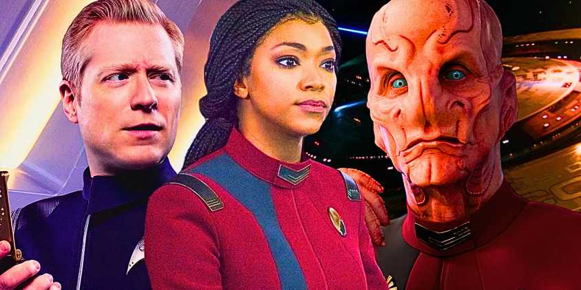 Custom Star Trek: Discovery image with Anthony Rapp as Paul Stamets, Sonequa Martin-Green as Michael Burnham, and Doug Jones as Saru