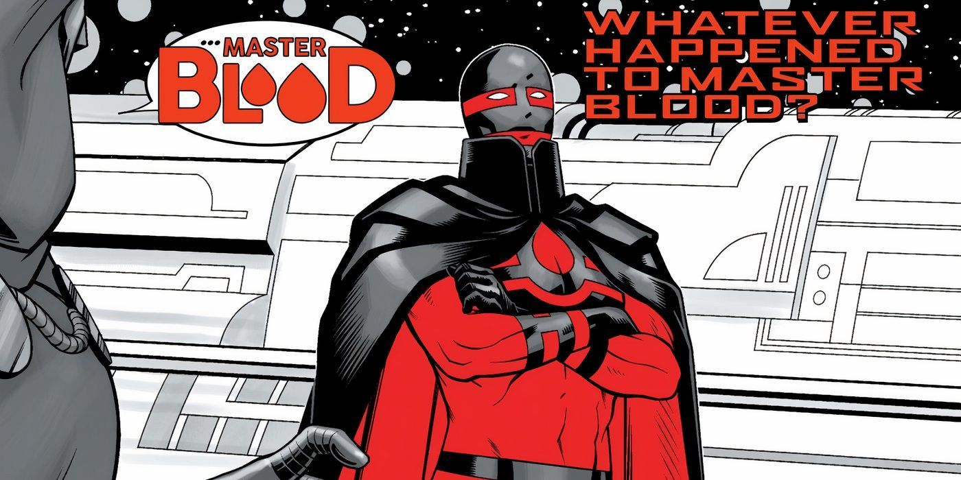 Master Blood em seu terno preto e vermelho