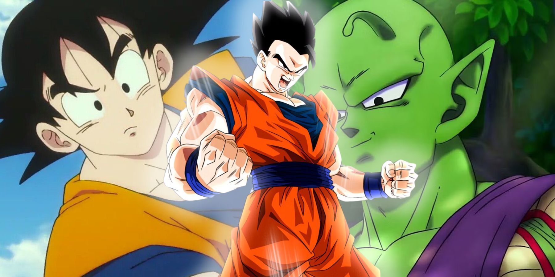 Gohan no centro se fortalecendo enquanto Goku e Piccolo olham para ele confusos em uma imagem tipo colagem