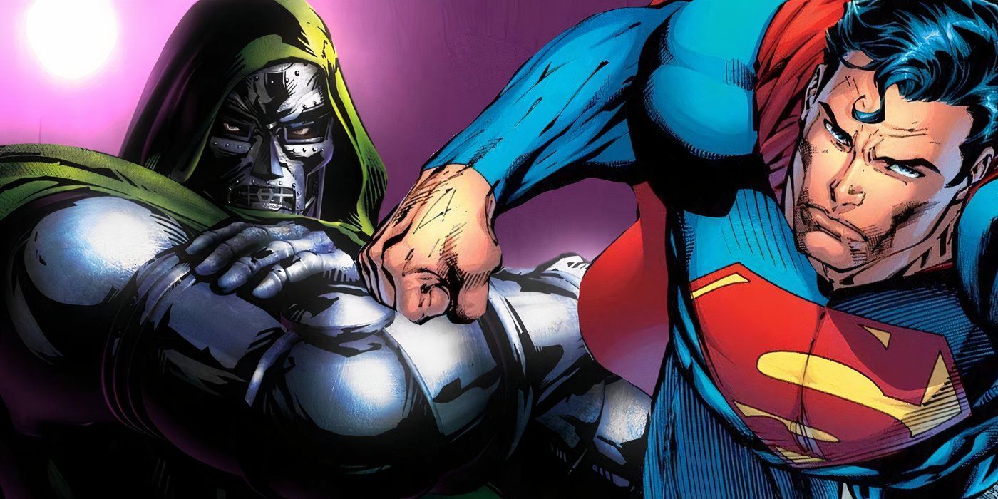 Arte cómico: Doctor Doom junto a un Superman volador.