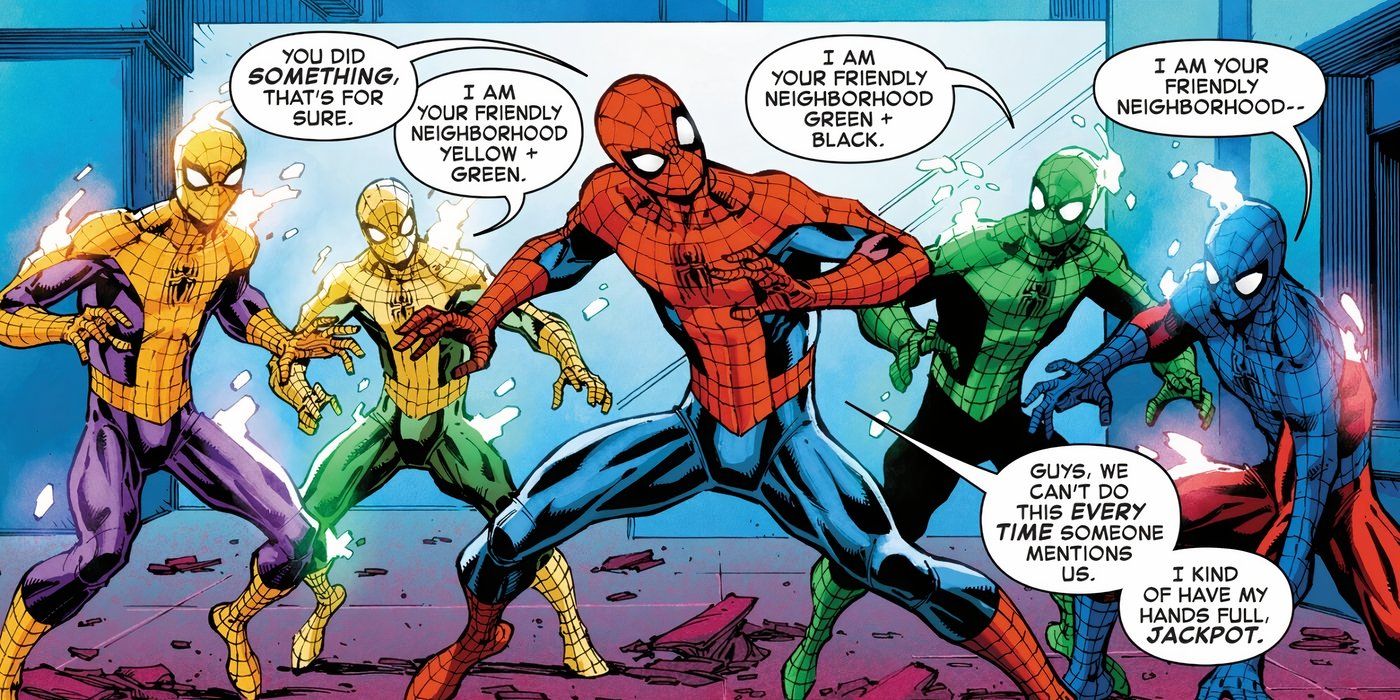 Painel de quadrinhos: O Homem-Aranha se divide em versões coloridas de si mesmo.