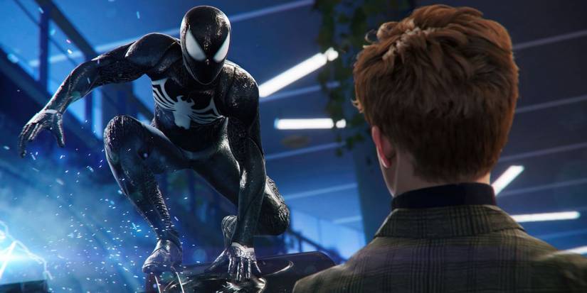 Spider-Man in his black Symbiote suit looking at Harry Osborne in Marvel's Spider-Man 2