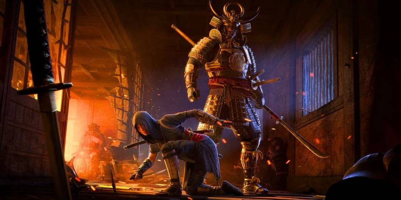 Yasuke standing with a spear while Naoe crouches below him in a burning building in Assassin's Creed: Shadows.