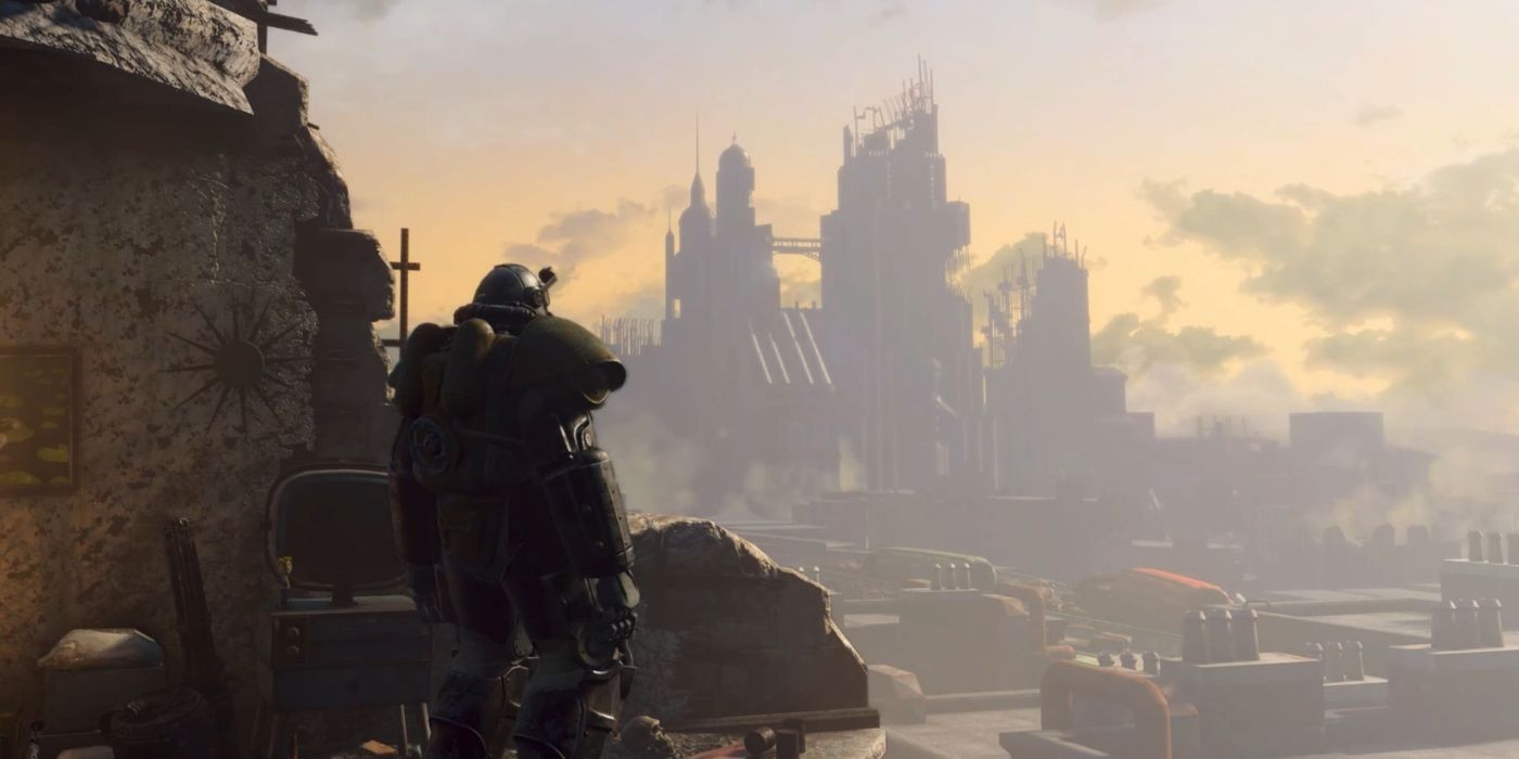A person in Power Armor overlooking the Wasteland in Fallout: Vault 13.