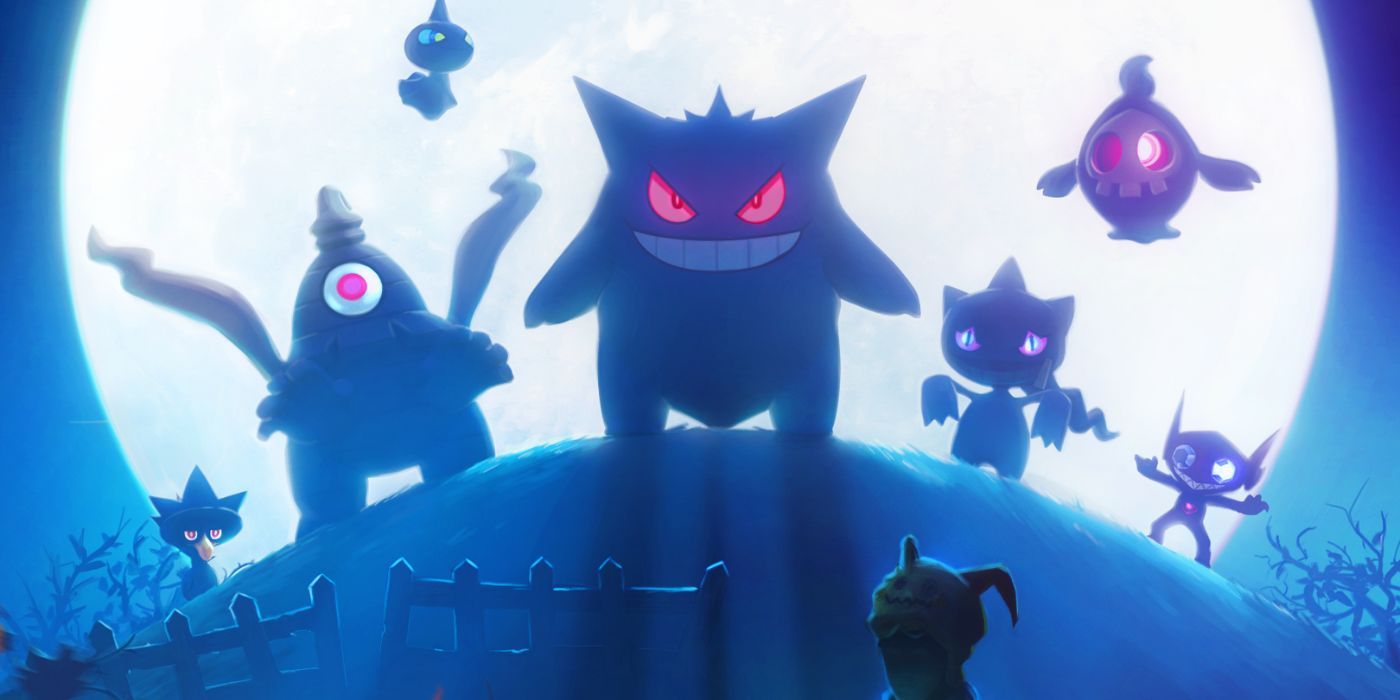 A group of spooky Pokemon, including Dusclops, Shuppet, Gengar, Bannete, Murkrow, Sabeleye, and Duskull, silhouetted by the moon