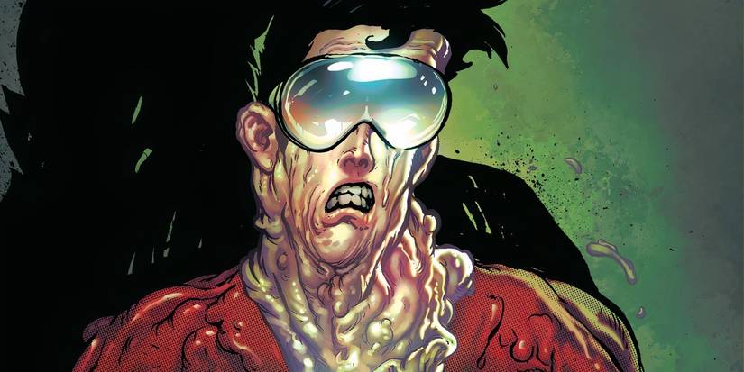 Comic book art: Plastic Man's body melts like a candle.