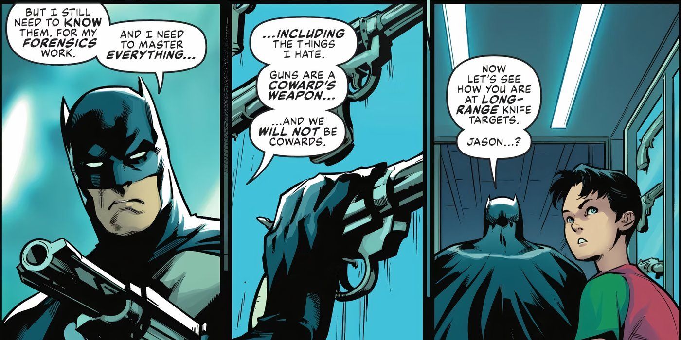 Comic book panels: Batman tells Jason Todd why they don't use guns.