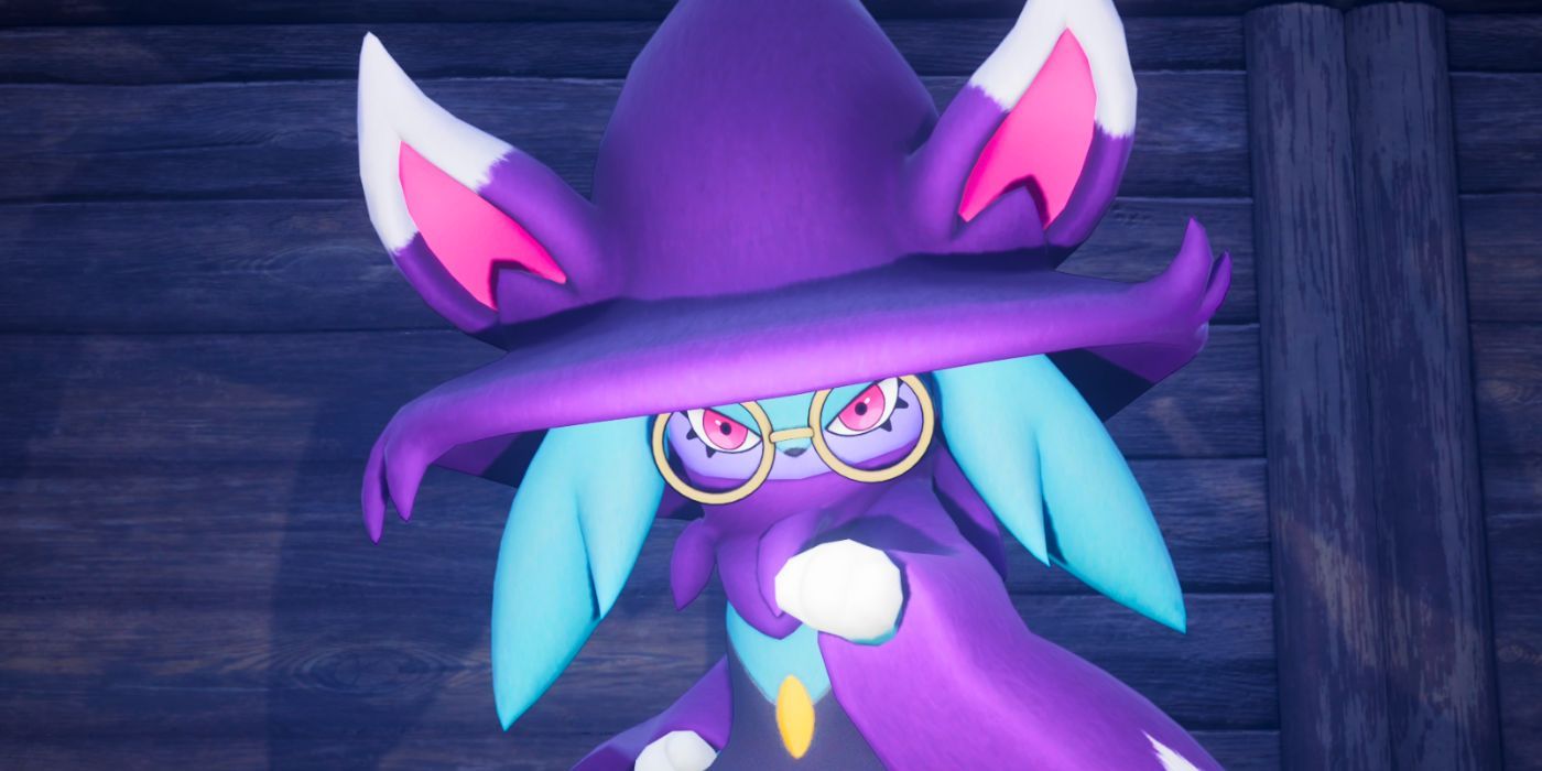 Katress in Palworld dressed like a witch with a pointed hat and round glasses