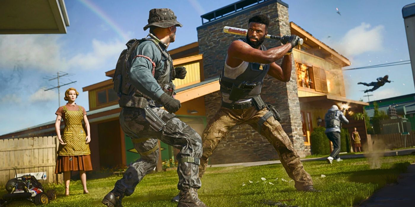 Two soldiers fight on a lawn in Nuketown, one prepares to punch while the other swings a baseball bat