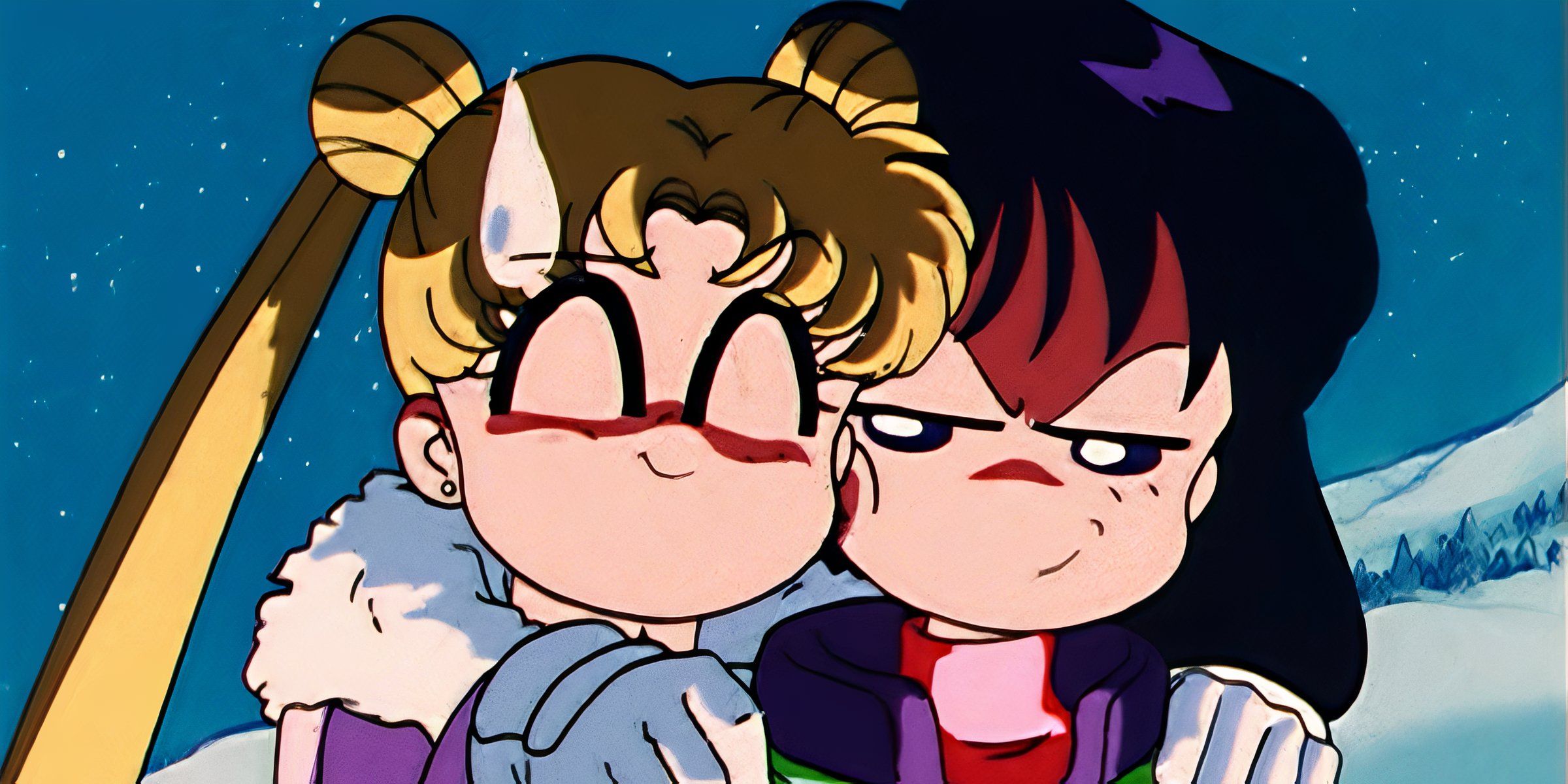Usagi snuggles up to Rei on the ski slopes.